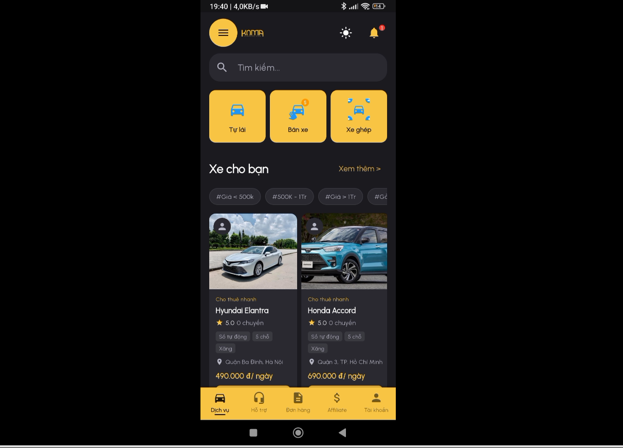 source code App mobile cho thuê xe và bán xe oto, xe máy.