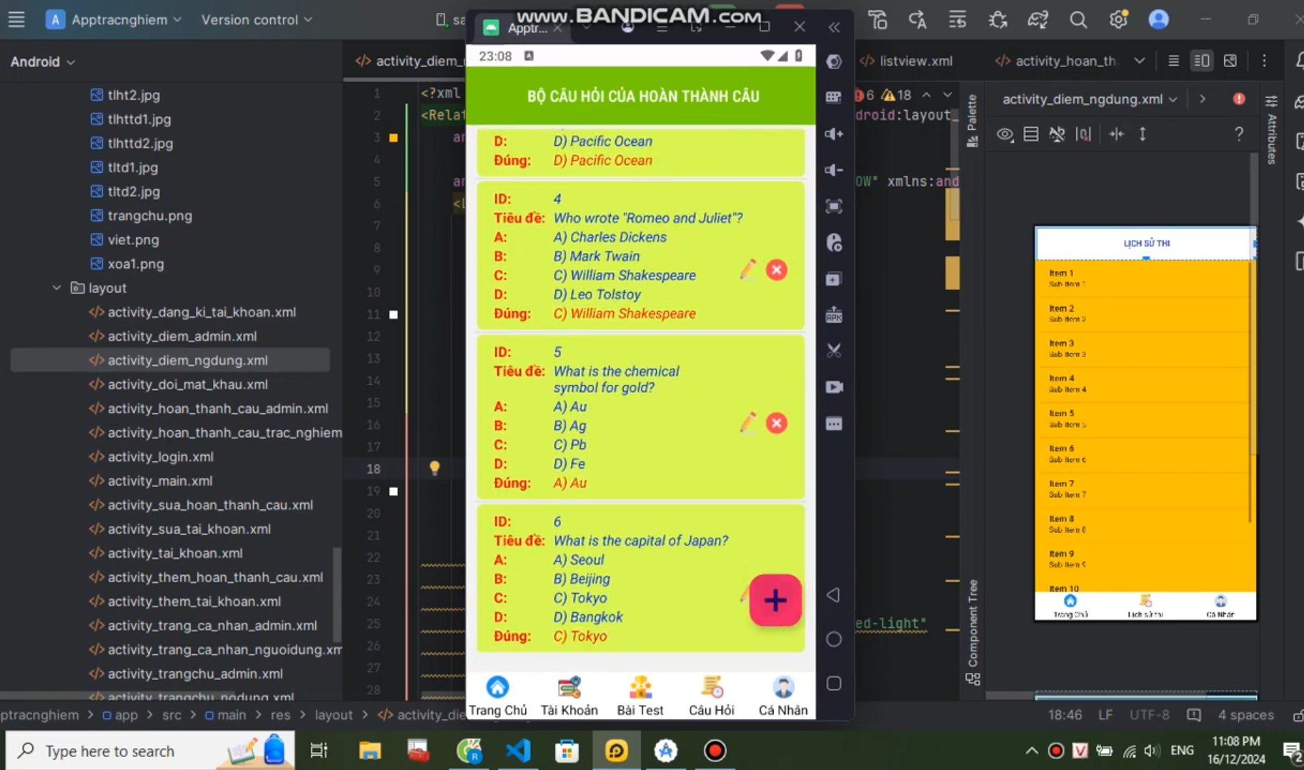 (ANDROID JAVA + SQLITE ) App thi trắc nghiệm Quizz Android có đầy đủ chức năng tính điểm số check đáp án đúng