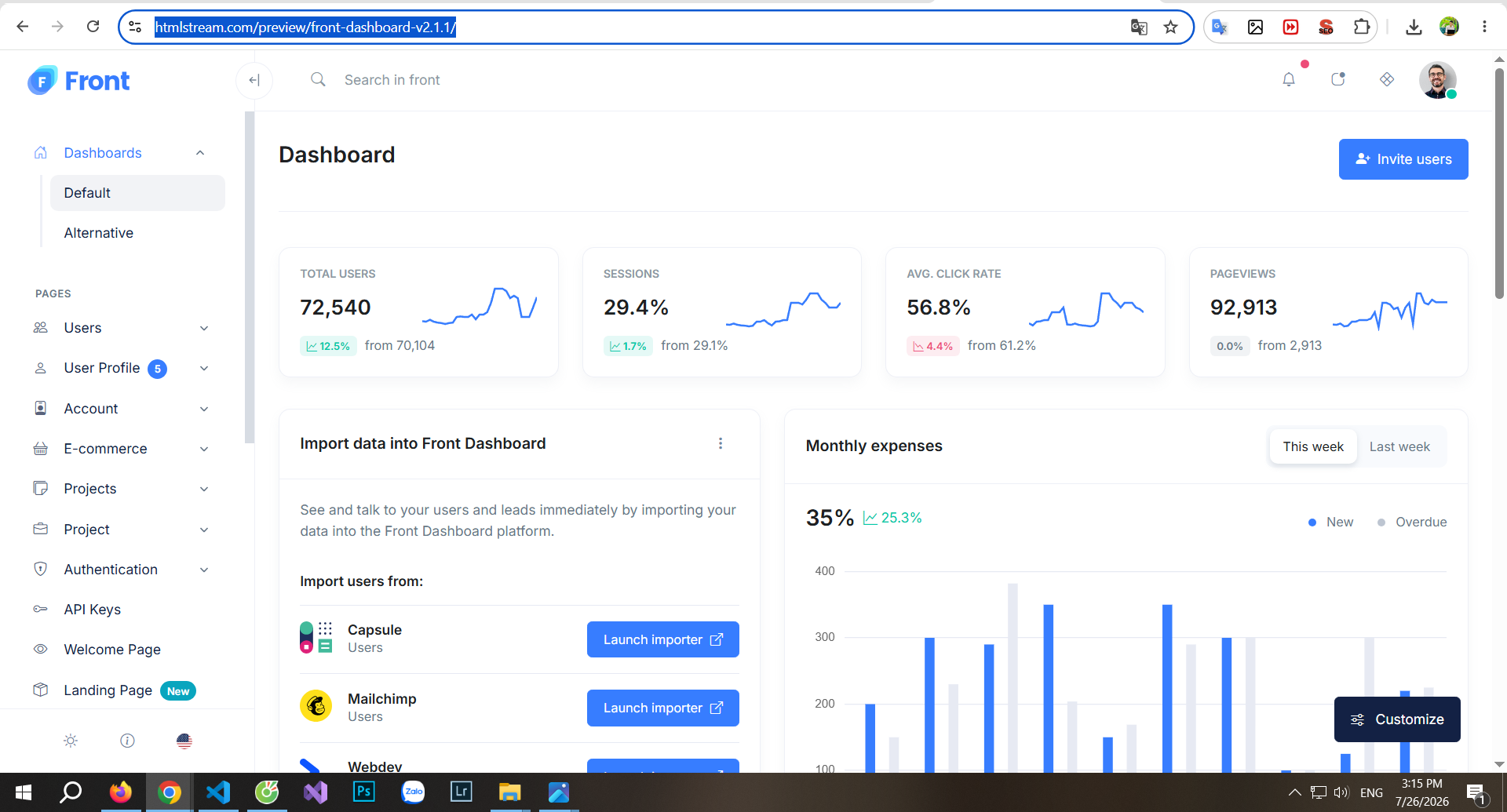 Admin Dashboard thương mại điện tử admin theme - Front admin