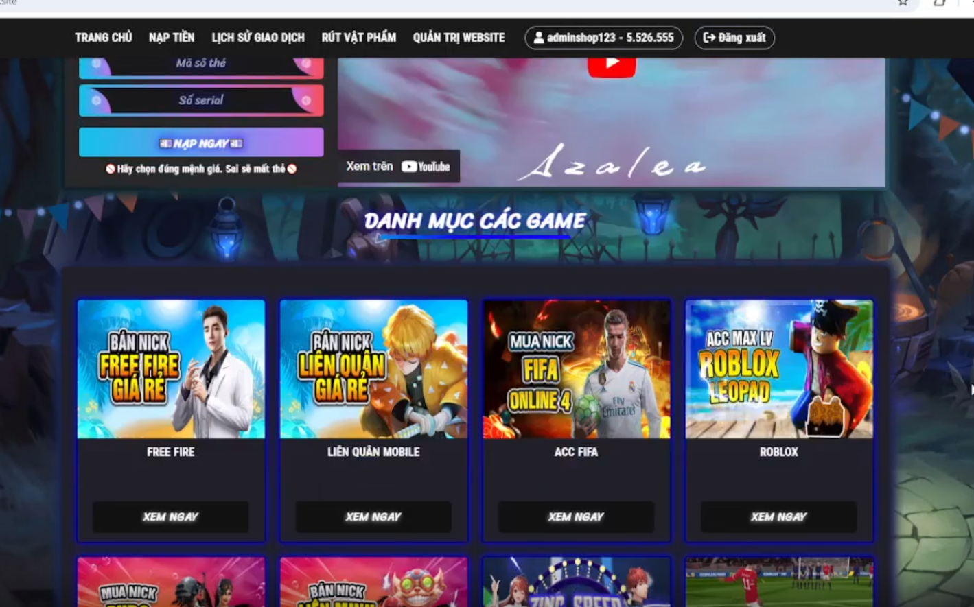 Shop bán acc game nhiều thể loại có dịch vụ, cày thuê, vòng quay đã tích hợp nạp tự động