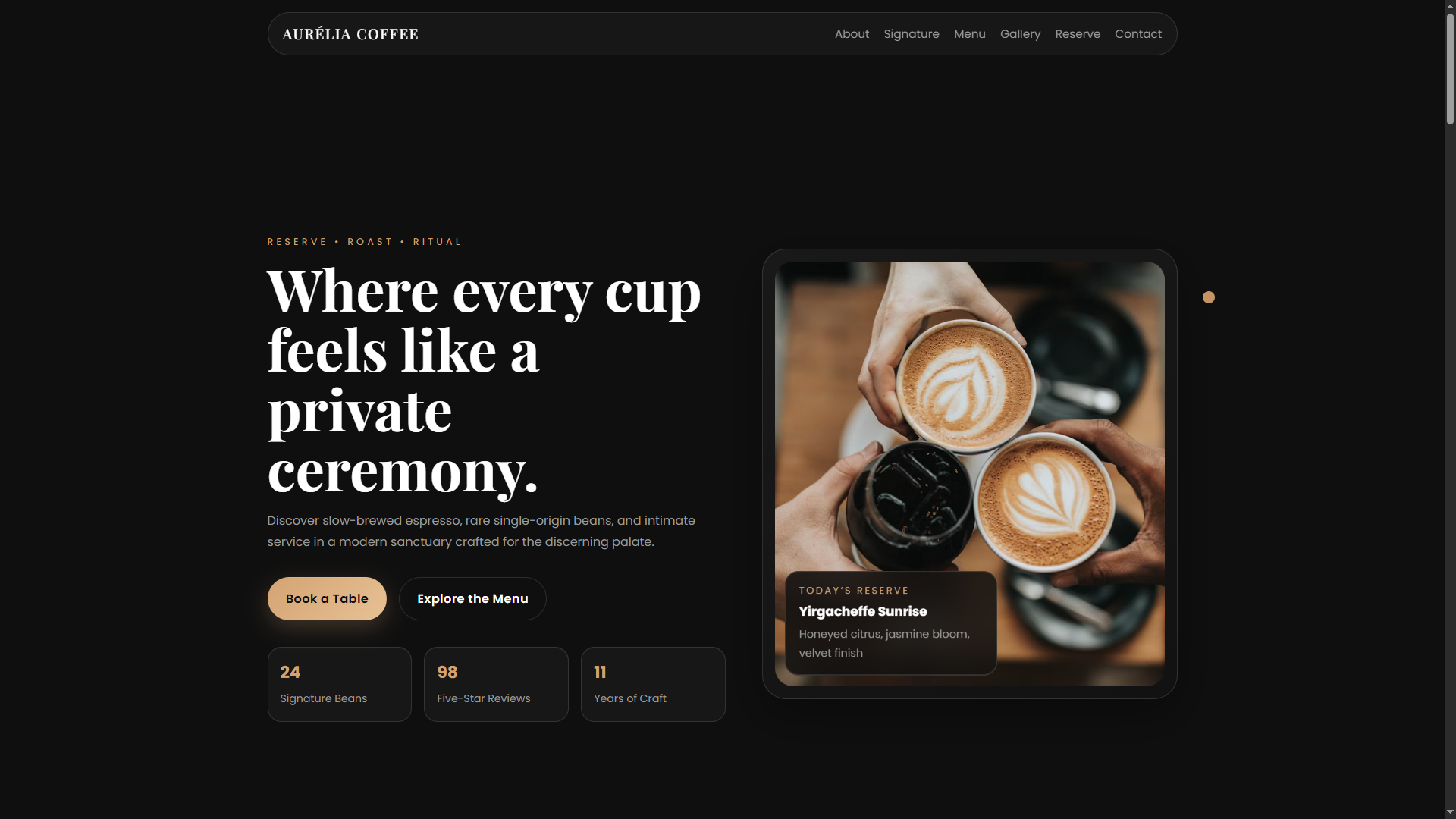 Full Source Code Website Quán Cà Phê Cao Cấp Aurelia Coffee | HTML CSS JavaScript Responsive