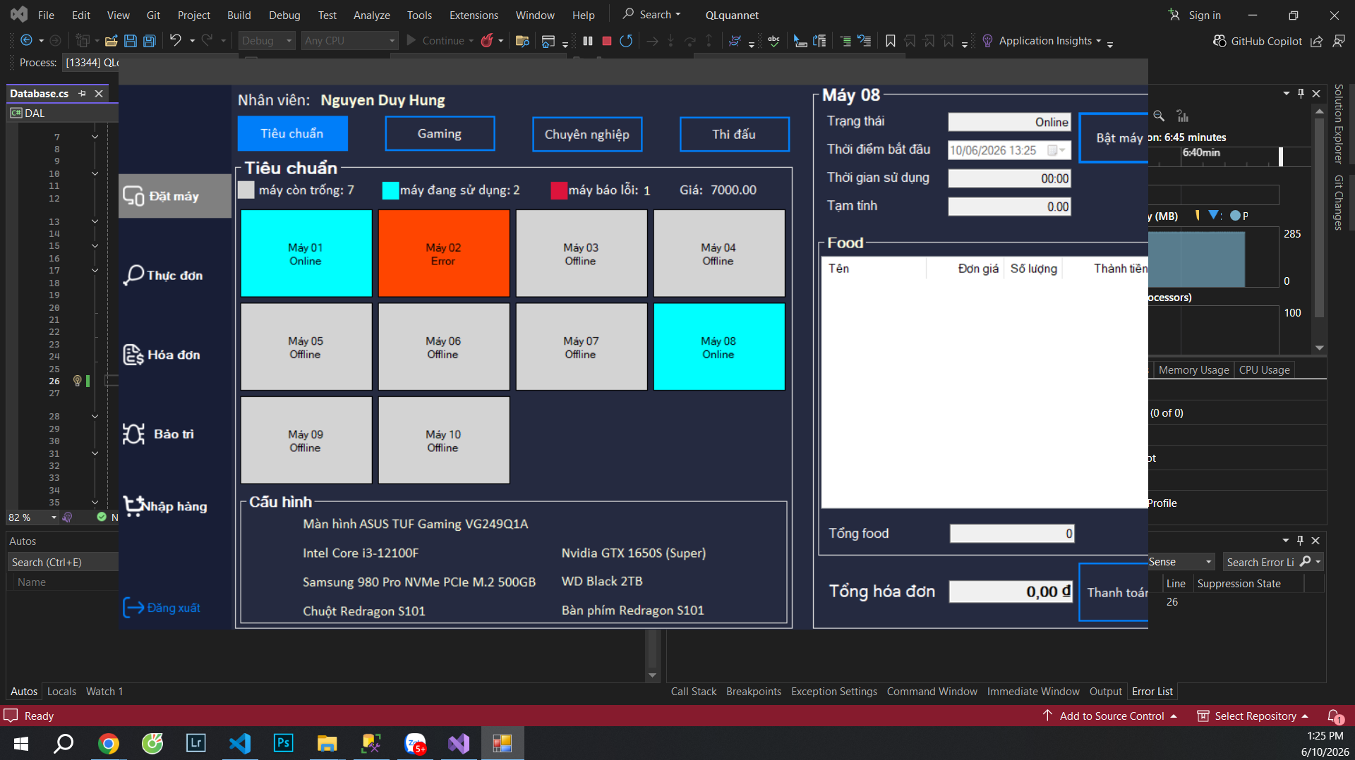 Full code + báo cáo phần mềm dành cho nhân viên Quản lý quán nét cỏ C# winform mô hình 3 lớp