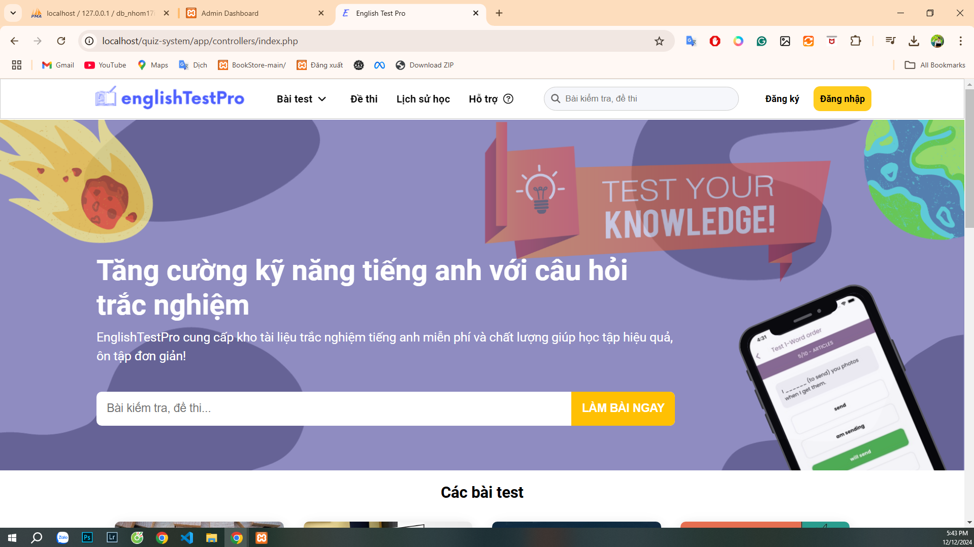 Web học và thi trắc nghiệm tiếng anh, đăng nhập bằng google